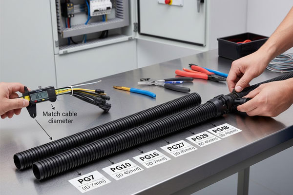 Guide image showing how to select the right PG size flexible pipe by measuring cable diameter and matching cable glands