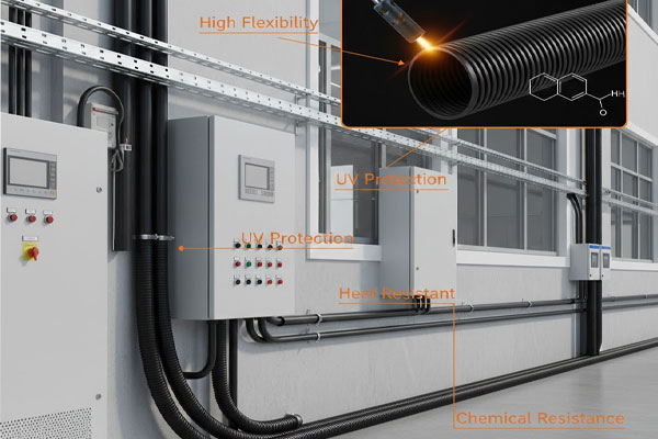 Polyamide flexible pipes showing high flexibility, heat resistance, flame retardant, chemical resistance, and UV protection for electrical wiring