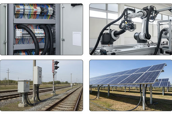 Polyamide flexible pipes used in electrical panels, robotics, railway systems, renewable energy, machine tools, and construction wiring