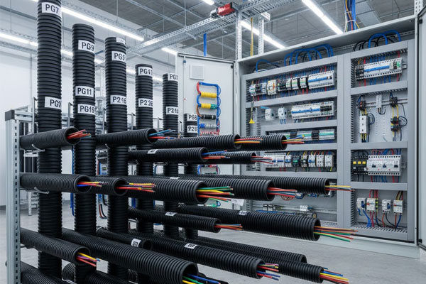 Polyamide flexible pipes PG7 to PG48 used for electrical wiring and cable protection in industrial automation and power distribution systems
