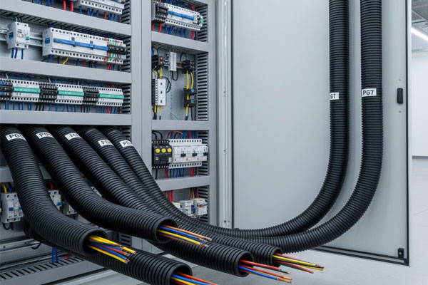 Polyamide flexible corrugated pipes used as protective conduits for electrical wiring, offering flexibility, insulation, and crush resistance